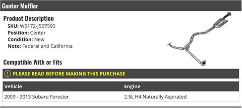 Center Muffler Assembly - Compatible with 2009-2013 Subaru Forester 2.5L H4 Naturally Aspirated in Saudi Arabia