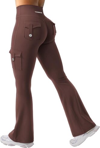 YEOREO CoreFlex Women Workout Flare Leggings with Pockets Hidden Scrunch High Waisted Cargo Gym Yoga No Front Seam Leggings Chocolate S in Saudi Arabia