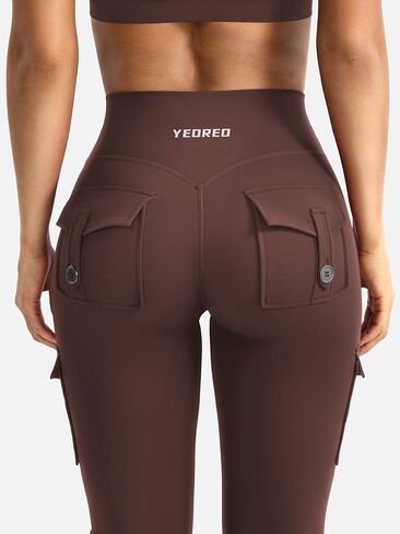 YEOREO CoreFlex Women Workout Flare Leggings with Pockets Hidden Scrunch High Waisted Cargo Gym Yoga No Front Seam Leggings Chocolate S in Saudi Arabia