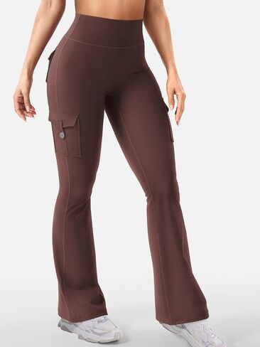 YEOREO CoreFlex Women Workout Flare Leggings with Pockets Hidden Scrunch High Waisted Cargo Gym Yoga No Front Seam Leggings Chocolate S in Saudi Arabia