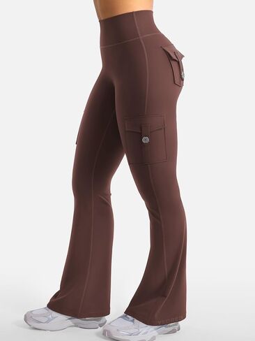 YEOREO CoreFlex Women Workout Flare Leggings with Pockets Hidden Scrunch High Waisted Cargo Gym Yoga No Front Seam Leggings Chocolate S in Saudi Arabia
