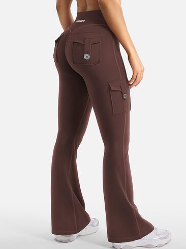 YEOREO CoreFlex Women Workout Flare Leggings with Pockets Hidden Scrunch High Waisted Cargo Gym Yoga No Front Seam Leggings Chocolate S in Saudi Arabia