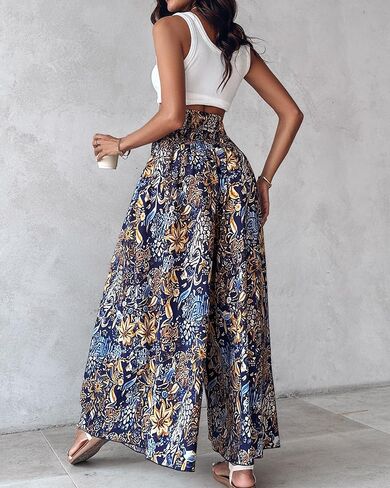 Boho Vintage Print High Waist Elastic Waistband Slimming Wide Leg Pants Loose Fit Casual Vacation Trousers Style 1 in Saudi Arabia