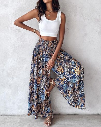Boho Vintage Print High Waist Elastic Waistband Slimming Wide Leg Pants Loose Fit Casual Vacation Trousers Style 1 in Saudi Arabia
