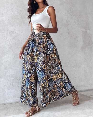 Boho Vintage Print High Waist Elastic Waistband Slimming Wide Leg Pants Loose Fit Casual Vacation Trousers Style 1 in Saudi Arabia