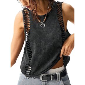 Women's Hollow Out Summer Sleeveless Tank Tops Washed Retro Rock Concert Outfits Tops Streetwear in Kuwait