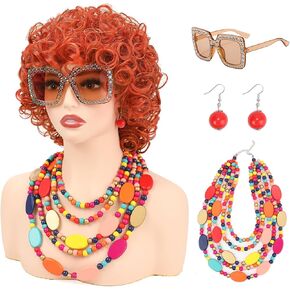Women Short Curly Orange Red Wig with Sunglasses Pink Necklace Bracelet and Earrings for Party Cosplay Halloween Costume Wig in Saudi Arabia