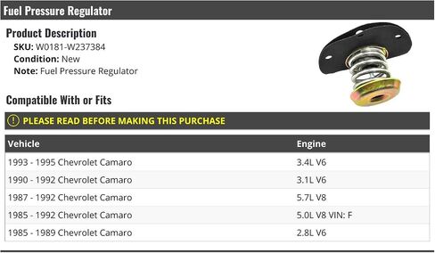 Fuel Pressure Regulator - Compatible with 1985-1995 Chevy Camaro in Saudi Arabia