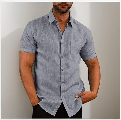 Men's Linen Shirts Short Sleeve Button Down Casual Beach Shirt Fashion Summer Clothes in Saudi Arabia