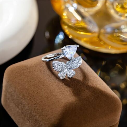 Kokoma Cubic Zirconia Butterfly Open Ring for Women Adjustable Wrap Finger Band Dianty Open Statement Rings Engagement Promise Rings Elegant Wedding Band Rings in Saudi Arabia
