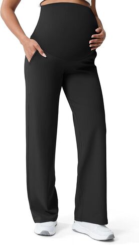 Mama Land Maternity Pants Over The Belly High Waisted Wide Leg Yoga Pants with Pockets Stretchy Pregnancy Lounge Clothes in Saudi Arabia