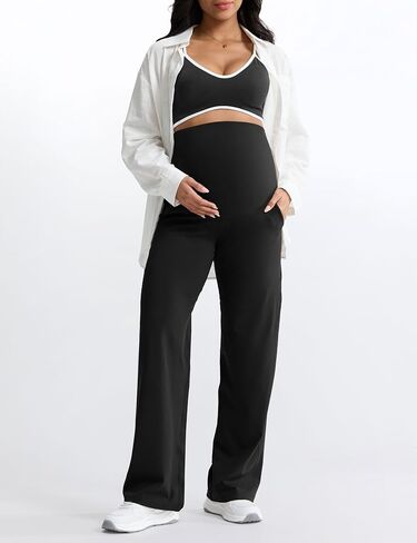 Mama Land Maternity Pants Over The Belly High Waisted Wide Leg Yoga Pants with Pockets Stretchy Pregnancy Lounge Clothes in Saudi Arabia