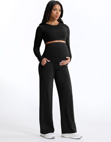 Mama Land Maternity Pants Over The Belly High Waisted Wide Leg Yoga Pants with Pockets Stretchy Pregnancy Lounge Clothes in Saudi Arabia