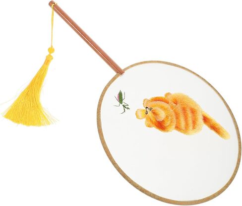 SAFIGLE Circular Embroidered Chinese Fan Dual-sided Cat Design Vintage Round Hand Fan for Boys and Girls Traditional Style Handheld Accessory for Events and Dance in Saudi Arabia