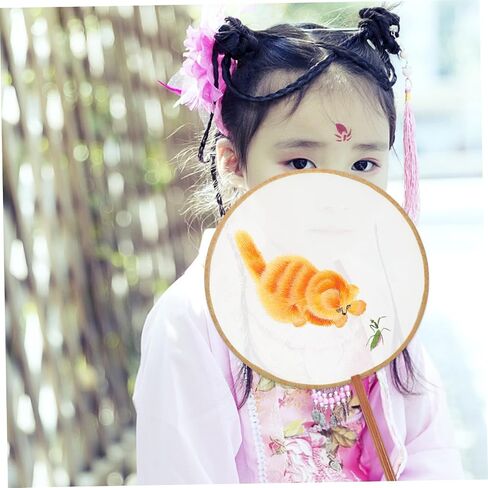 SAFIGLE Circular Embroidered Chinese Fan Dual-sided Cat Design Vintage Round Hand Fan for Boys and Girls Traditional Style Handheld Accessory for Events and Dance in Saudi Arabia