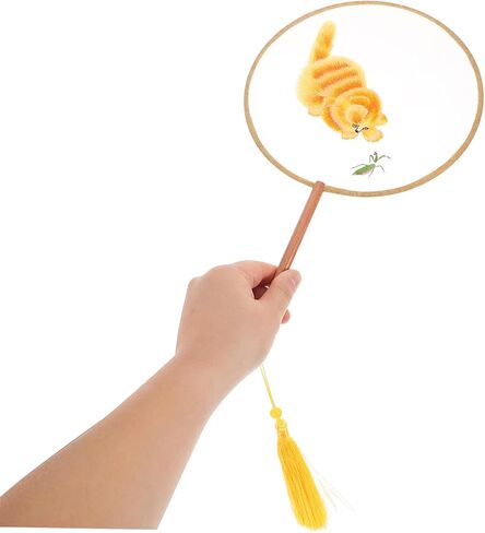 SAFIGLE Circular Embroidered Chinese Fan Dual-sided Cat Design Vintage Round Hand Fan for Boys and Girls Traditional Style Handheld Accessory for Events and Dance in Saudi Arabia
