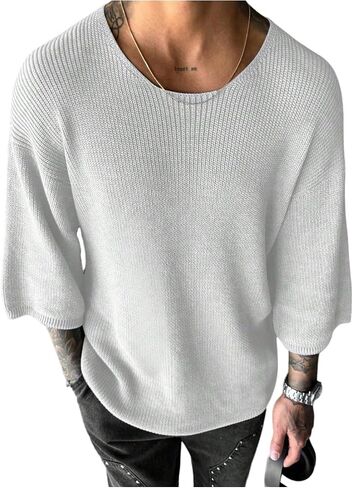 Verdusa Men's Drop Shoulder 3/4 Sleeve Sweaters Crew Neck Ribbed Knit Tops in Saudi Arabia