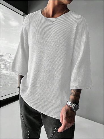 Verdusa Men's Drop Shoulder 3/4 Sleeve Sweaters Crew Neck Ribbed Knit Tops in Saudi Arabia