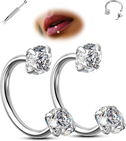 اليهودي 2PCS حدوة الحصان الشفاه الدائري 16G 316L الجراحية الصلب الشفاه ثقب المجوهرات مزدوجة مكعب زركونيا حدوة الحصان القرط داخليا الخيوط اللولب / دايث / الزنمة / الحاجز ثقب المجوهرات للنساء in Kuwait