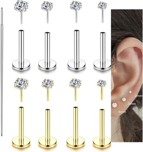 Incaton 18G Threadless Flat Back Stud Earrings For Women Men, 316L Surgical Steel Hypoallergenic Push in Nose Studs CZ Nose Nostril Tragus Helix Labret Studs Lip Rings Piercing Jewelry in Kuwait
