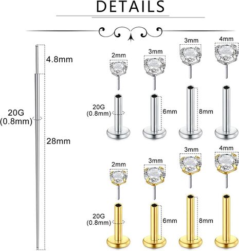 Incaton 18G Threadless Flat Back Stud Earrings For Women Men, 316L Surgical Steel Hypoallergenic Push in Nose Studs CZ Nose Nostril Tragus Helix Labret Studs Lip Rings Piercing Jewelry in Kuwait