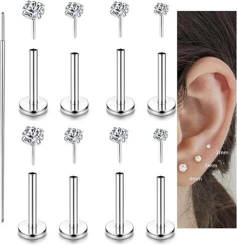 Incaton 18G Threadless Flat Back Stud Earrings For Women Men, 316L Surgical Steel Hypoallergenic Push in Nose Studs CZ Nose Nostril Tragus Helix Labret Studs Lip Rings Piercing Jewelry in Kuwait