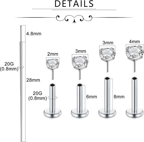 Incaton 18G Threadless Flat Back Stud Earrings For Women Men, 316L Surgical Steel Hypoallergenic Push in Nose Studs CZ Nose Nostril Tragus Helix Labret Studs Lip Rings Piercing Jewelry in Kuwait