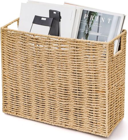 Woven Magazine Holder, Narrow Book Basket with Built-in Handles, Large File Storage Newspaper Organizer for Living Room, Bedroom, Office, Bathroom in Saudi Arabia