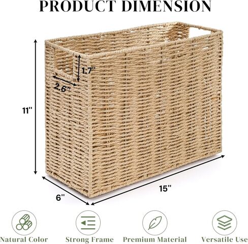 Woven Magazine Holder, Narrow Book Basket with Built-in Handles, Large File Storage Newspaper Organizer for Living Room, Bedroom, Office, Bathroom in Saudi Arabia
