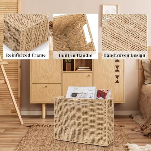 Woven Magazine Holder, Narrow Book Basket with Built-in Handles, Large File Storage Newspaper Organizer for Living Room, Bedroom, Office, Bathroom in Saudi Arabia