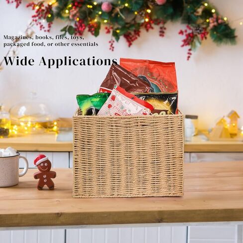 Woven Magazine Holder, Narrow Book Basket with Built-in Handles, Large File Storage Newspaper Organizer for Living Room, Bedroom, Office, Bathroom in Saudi Arabia
