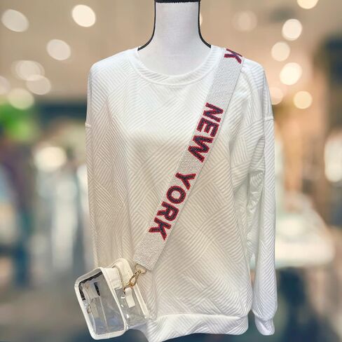 Lashicorn New York White Beaded Purse Strap Blue Letters 49" Pro Football Stadium Approved Clear Bag Giant Gold Hardware Sports College East in Saudi Arabia