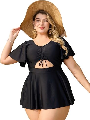 MakeMeChic Women's Plus Size Tankini Set V Neck Ruched Drawstring Tummy Control Cut Out Swim Dress in Saudi Arabia