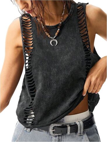 Women's Hollow Out Summer Sleeveless Tank Tops Washed Retro Rock Concert Outfits Tops Streetwear in Saudi Arabia
