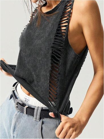 Women's Hollow Out Summer Sleeveless Tank Tops Washed Retro Rock Concert Outfits Tops Streetwear in Saudi Arabia