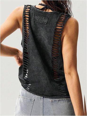 Women's Hollow Out Summer Sleeveless Tank Tops Washed Retro Rock Concert Outfits Tops Streetwear in Saudi Arabia