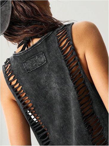 Women's Hollow Out Summer Sleeveless Tank Tops Washed Retro Rock Concert Outfits Tops Streetwear in Saudi Arabia