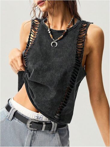 Women's Hollow Out Summer Sleeveless Tank Tops Washed Retro Rock Concert Outfits Tops Streetwear in Saudi Arabia