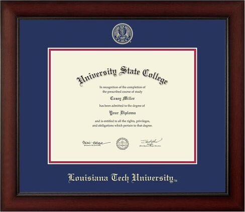 Louisiana Tech University 11" w x 8.5" h Diploma Frame - Fits a bachelor's, master's and phd - Gold Embossed Diploma Frame - Cherry Moulding with Royal Blue and Red Matting in Saudi Arabia