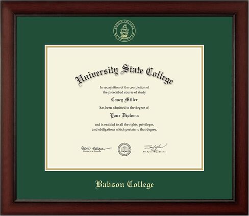 Babson College 14" w x 11" h Diploma Frame - Fits a bachelor's and master's - Gold Embossed Diploma Frame - Cherry Moulding with Tartan Green and Gold Matting - Officially Licensed in Saudi Arabia