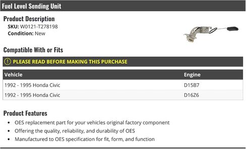 وحدة إرسال مستوى الوقود - متوافقة مع 1992-1995 Honda Civic D15B7، D16Z6 in Saudi Arabia