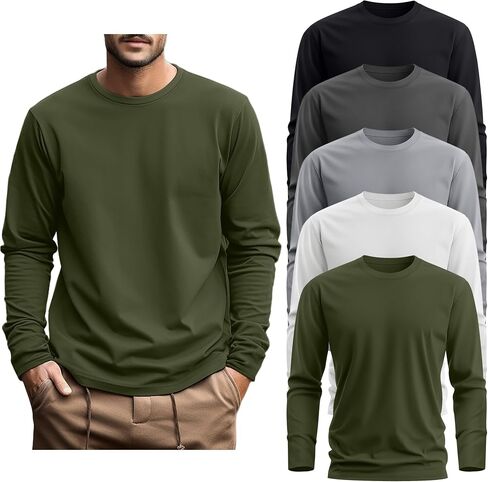 Ficerd 5 Pack Mens Big and Tall Shirts, 95% Cotton Long Sleeve Top Loose Casual Basic Shirts Crewneck Oversize Multipack Tee in Saudi Arabia