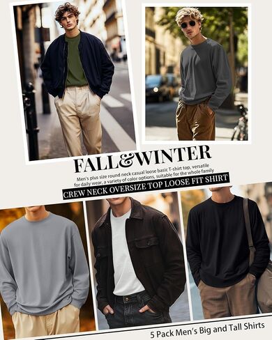 Ficerd 5 Pack Mens Big and Tall Shirts, 95% Cotton Long Sleeve Top Loose Casual Basic Shirts Crewneck Oversize Multipack Tee in Saudi Arabia