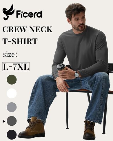Ficerd 5 Pack Mens Big and Tall Shirts, 95% Cotton Long Sleeve Top Loose Casual Basic Shirts Crewneck Oversize Multipack Tee in Saudi Arabia