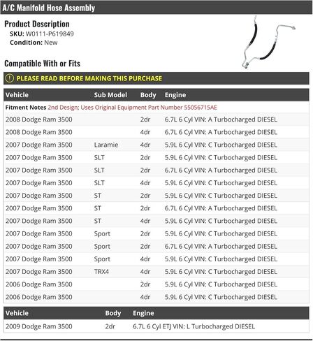 مجموعة خرطوم مكيف الهواء - متوافقة مع 2006-2009 دودج رام 3500 in Saudi Arabia