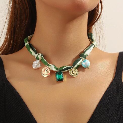 Scarf Bandana Necklace with Charm Colorful Silk Flower Crystal Heart Pearl Choker Necklace Fabric Statement Jewelry in Saudi Arabia