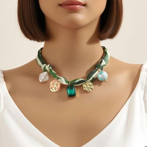 Scarf Bandana Necklace with Charm Colorful Silk Flower Crystal Heart Pearl Choker Necklace Fabric Statement Jewelry in Saudi Arabia