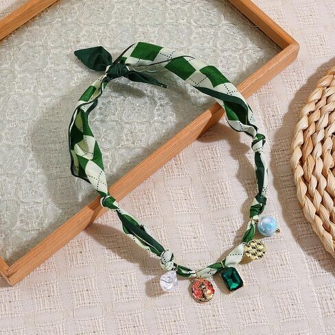 Scarf Bandana Necklace with Charm Colorful Silk Flower Crystal Heart Pearl Choker Necklace Fabric Statement Jewelry in Saudi Arabia