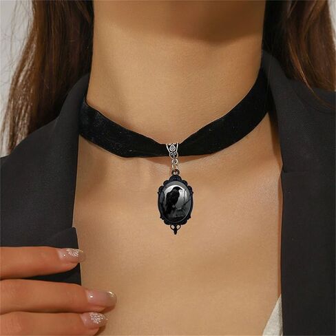 dreuyet الغراب النقش المخملية قلادة قلادة للنساء القوطية كريستال زجاج خمر الغراب الغراب القلائد الأسود الشرير نمط القوطي الصوفي الفيكتوري قلادة هالوين المجوهرات in Kuwait