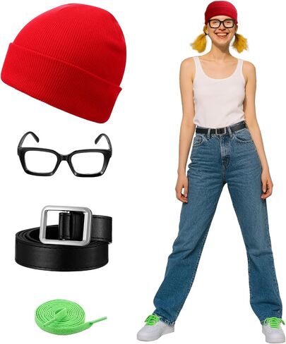 4 Pcs Halloween Subway Girl Costume Include Red Beanies Square Eyeglasses Black Belt Green Shoelaces for Women Halloween Party in Saudi Arabia